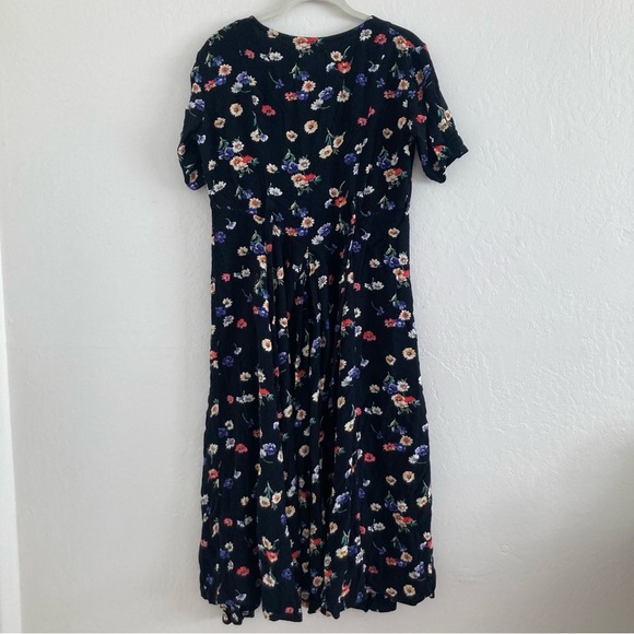 Vintage Dark Floral Maxi Shirt Dress Button Down Whimsical Bloomcore Tie Waist - Picture 8 of 12